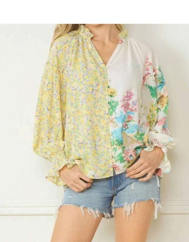 Floral Contrast Print V-neck Blouse