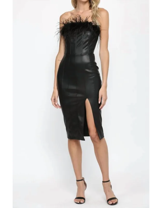 Faux Leather Strapless Dress With Feather Trim