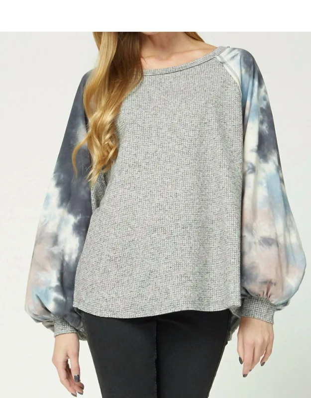 Tie Dye Puffy Sleeve Top With Scoop Neck And Contrasting Puff Sleeves