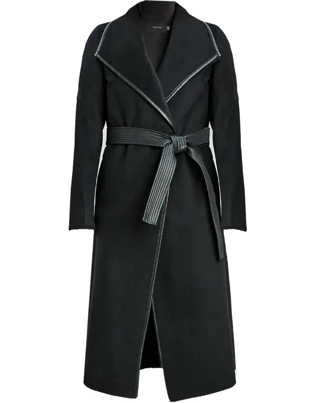 Double Face Wool Belted Coat With Faux Leather Trim