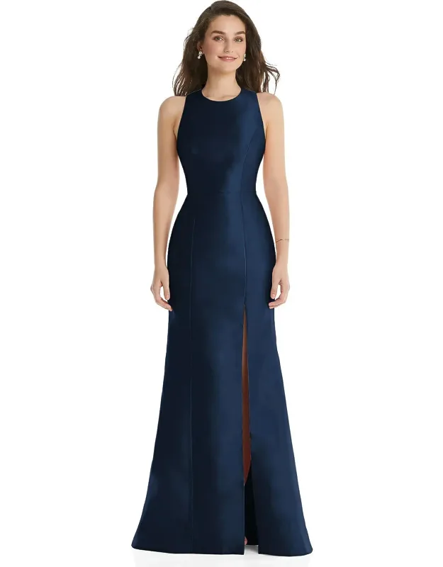 Jewel Neck Bowed Open-back Trumpet Dress With Front Slit