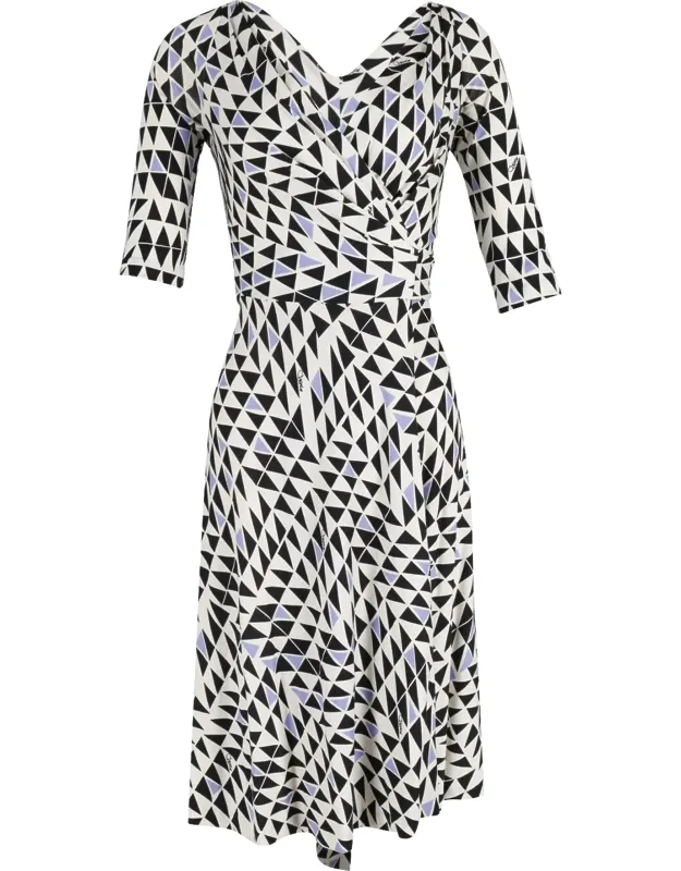 Penna Geometric Print Wrap Dress In Silk With Deep Neck And Belt