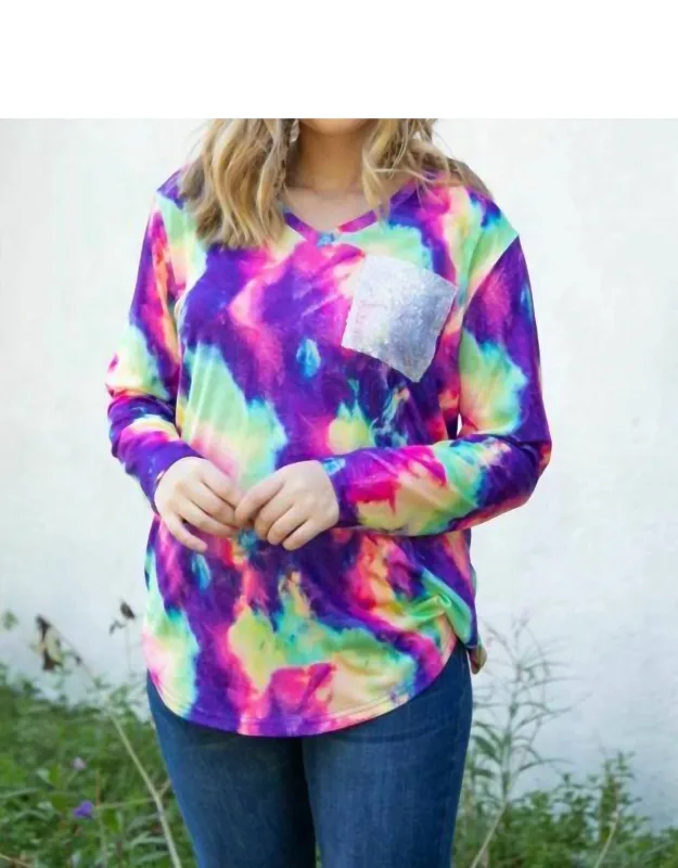 Tie Dye V Neck Sequin Pocket Top