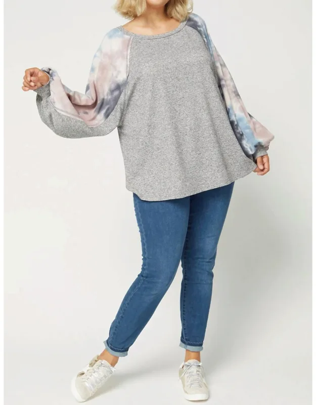 Tie Dye Puffy Sleeve Top With Scoop Neck And Contrasting Puff Sleeves