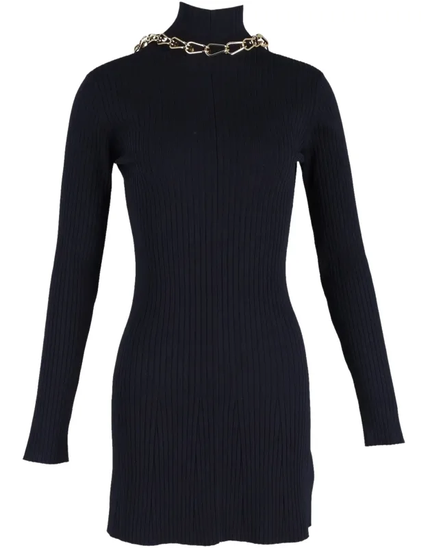 Chain-embellished Open-back Ribbed-knit Mini Dress