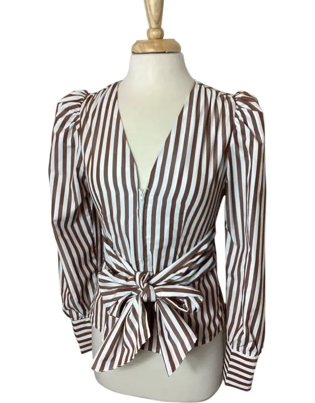 Striped Tie Waist Zip Front Puff Sleeve Blouse