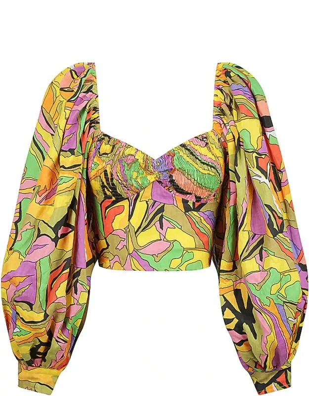 Exaggerated Puff Sleeve Top In Birds Of Paradise With Shirred Sweetheart Neckline And Full Puffed Sleeves