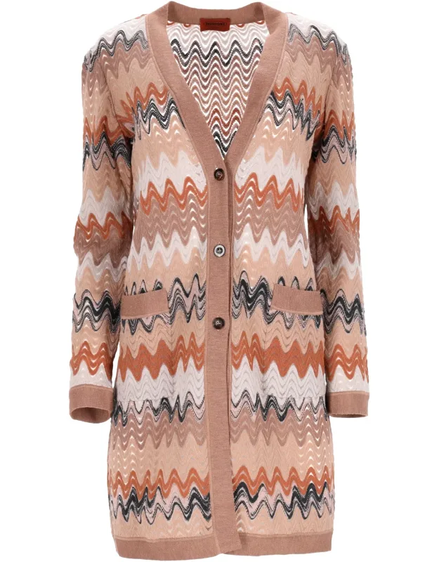 Zigzag Buttoned Long Cardigan