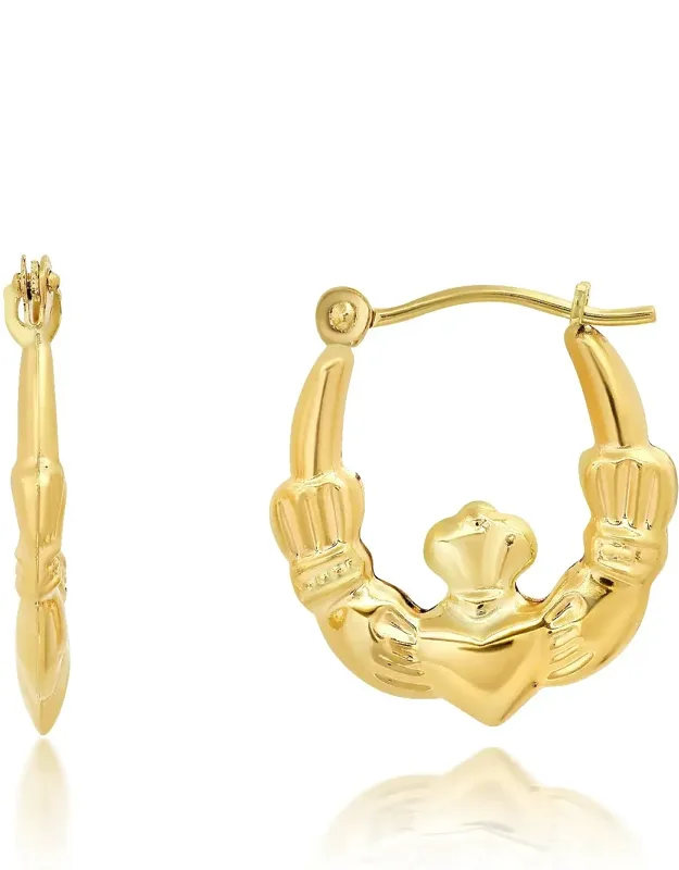 Solid 14k Yellow Gold 16mm Claddagh Hoop Earrings With Click-top Closure