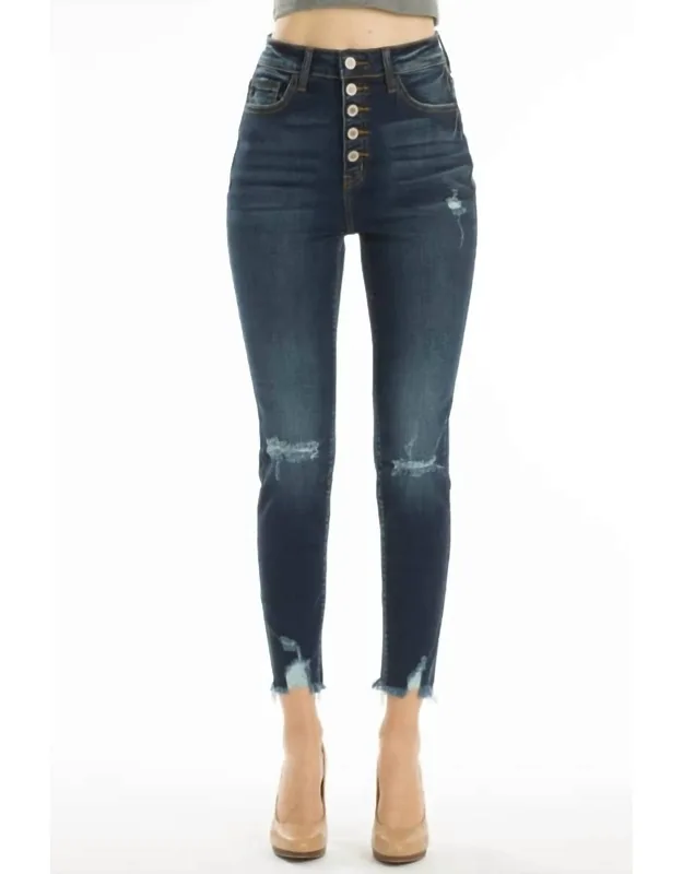 High Rise 5 Button Distressed Knee Jeans