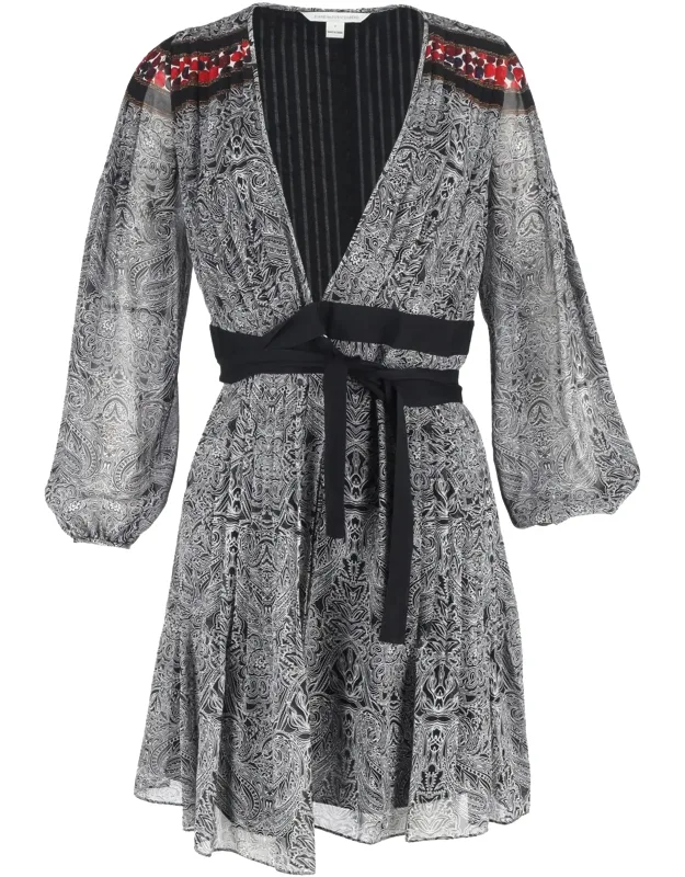 Bianka Wrap Dress In Multicolor Silk With Vibrant Paisley Print And Puff Sleeves