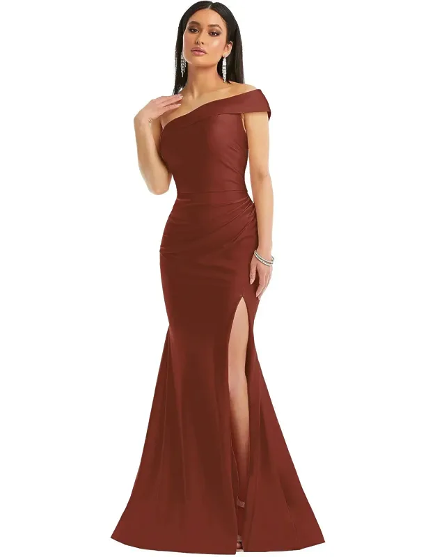 One-shoulder Bias-cuff Stretch Satin Mermaid Dress