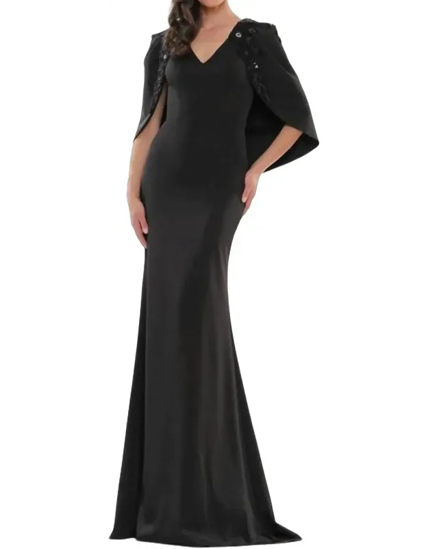 Beaded Shoulder Cape Evening Gown