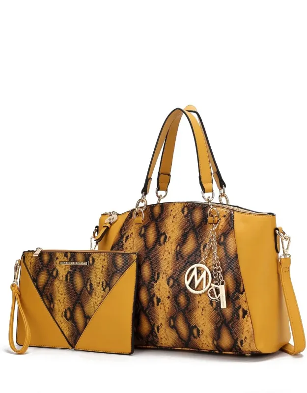 Addison Snake Embossed Vegan Leather Tote Bag With Matching Wristlet - 2 Pieces