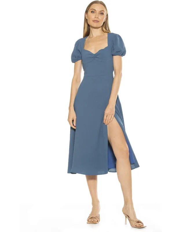 Gracie Midi Dress With Sweetheart Neckline And High Front Slit