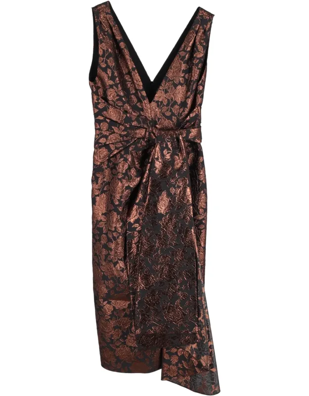 Sash-waist Floral-brocade Tea Dress