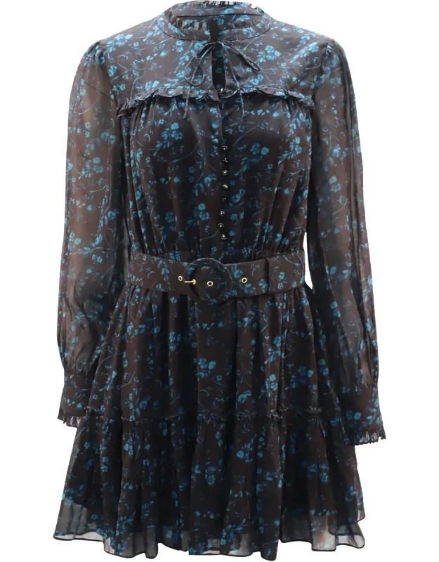 Belted Floral Chiffon Mini Dress