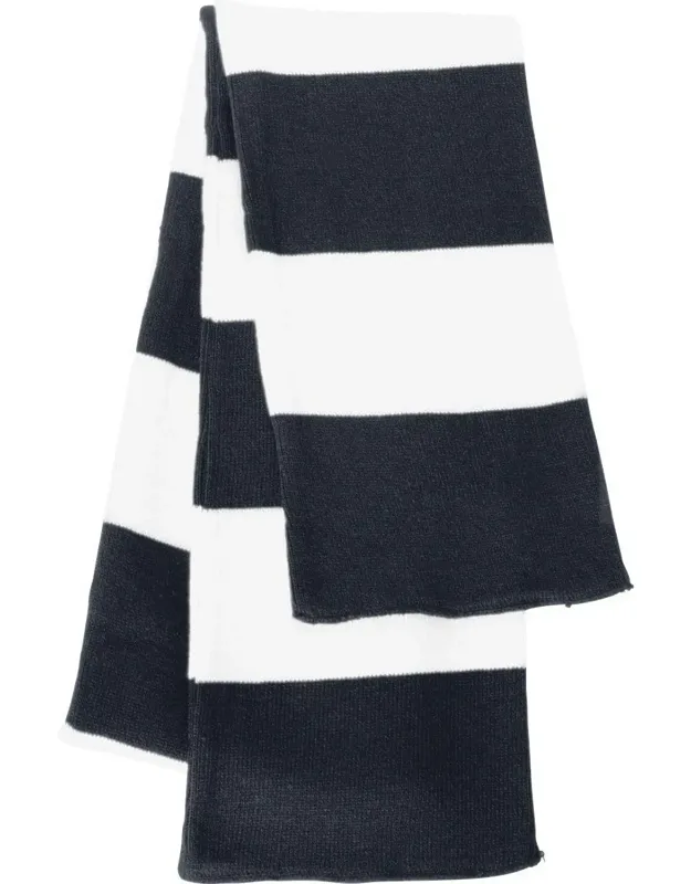 Scarf 100% Acrylic Knit, Heather Black/ Heather Grey Is 80/20 Polyester/ Acrylic