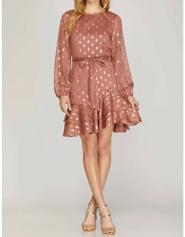 Gold-dot Chiffon Dress With Ruffled Hem