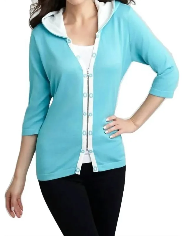 Rivet Hooded Knit Cardigan With Zip-front Styling And Contrast Trim