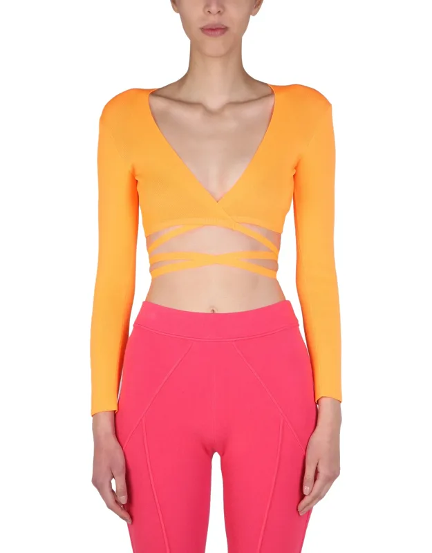 Top Cropped Scollo Ampio A V Lavorazione A Coste