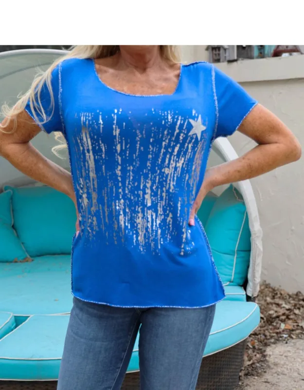 Waterfall And Star T-shirt With Round Neck And Lightweight