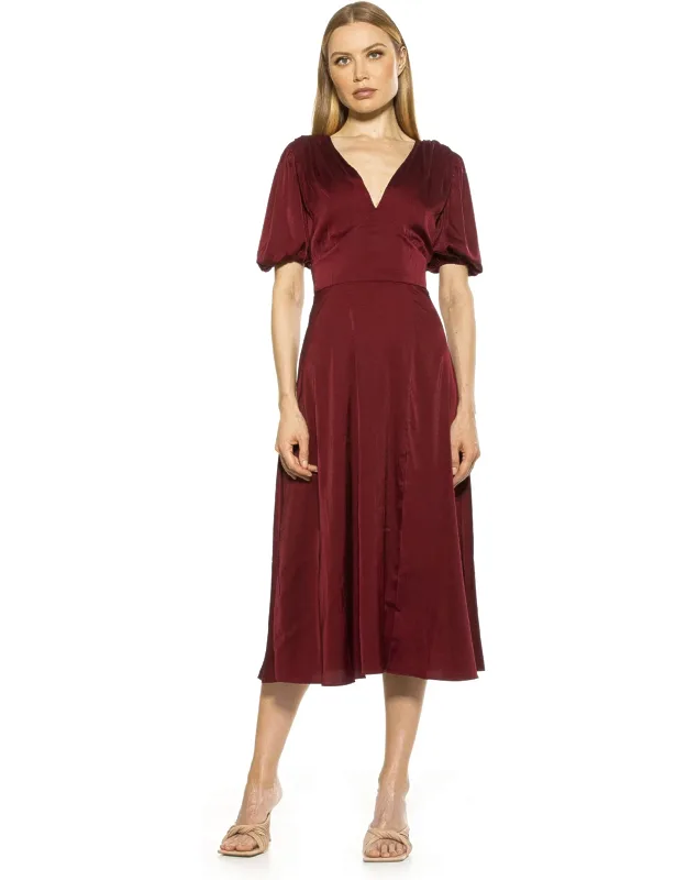 Nola Dress V Neck Puff Sleeve Leg Slit Midi