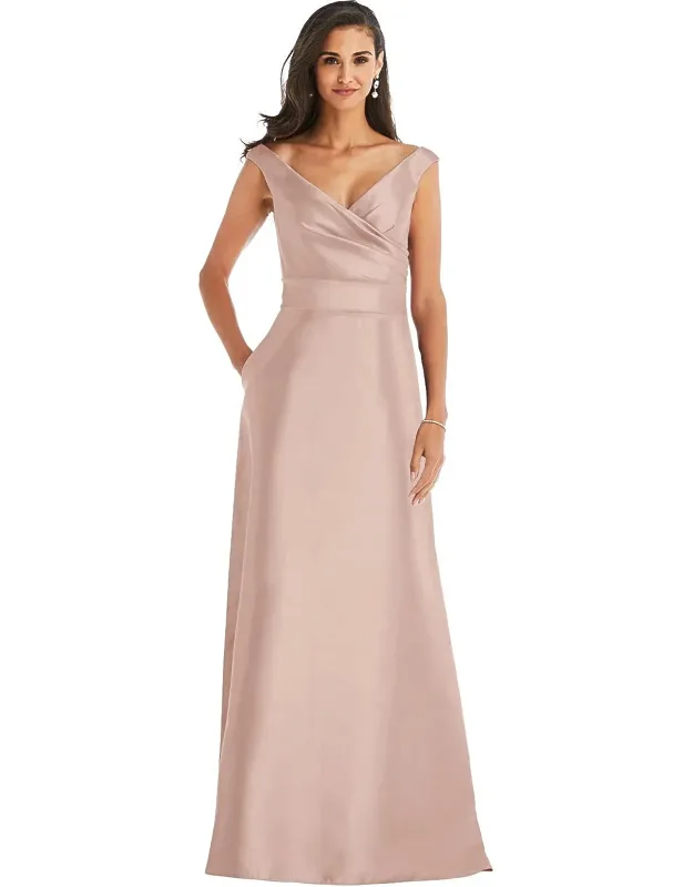 Off-the-shoulder Draped Wrap Satin Maxi Dress