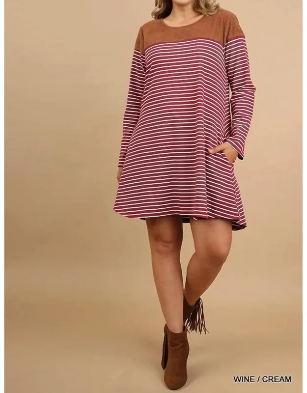 Stripe Dress With Suede Shoulders And Elbow Patch