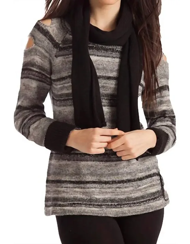 Bethany Striped Sweater W/ Scarf - Trendy Detachable Scarf