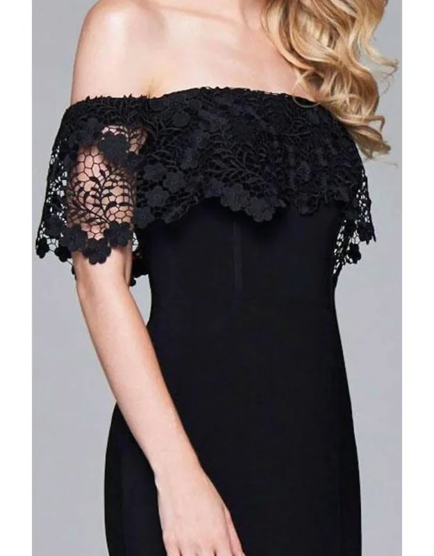 Off The Shoulder Cocktail Dress With Flowy Lace Overlay And Fitted Skirt