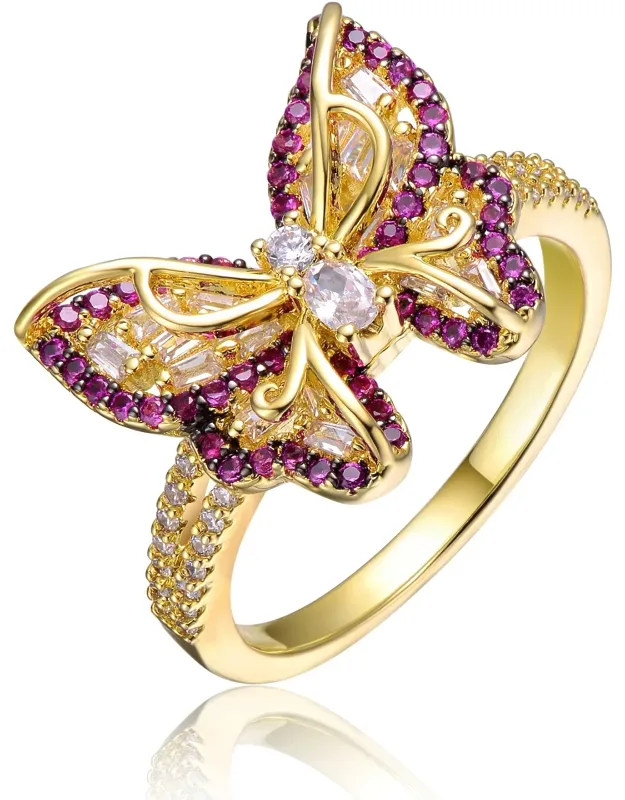 14k Yellow Gold Plated Amethyst & Cubic Zirconia Butterfly Split Top Ring