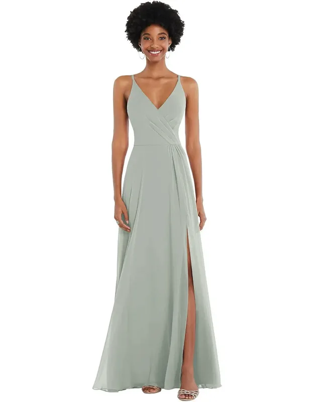 Faux Wrap Criss Cross Back Maxi Dress With Adjustable Straps, Elegant V-neck, Soft Flowing Lux Chiffon, Flattering Natural Waist, Daring Surplice Bodice, Modified Circle Skirt
