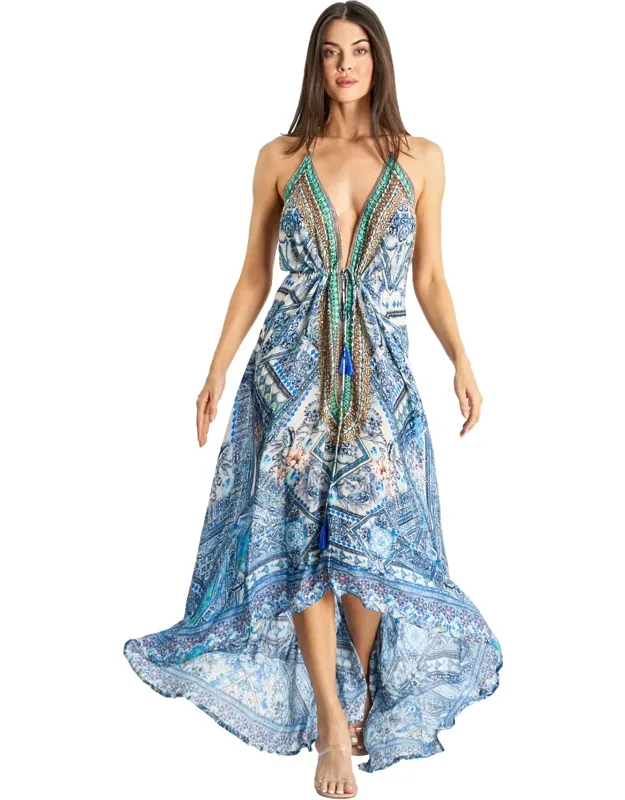 Alquimia Halter Maxi Dress With Embroidery Detail And Tassel Tie