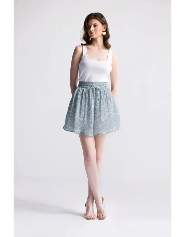 Drawstring Short Skirt In Florals With Adjustable Drawstring And Pockets