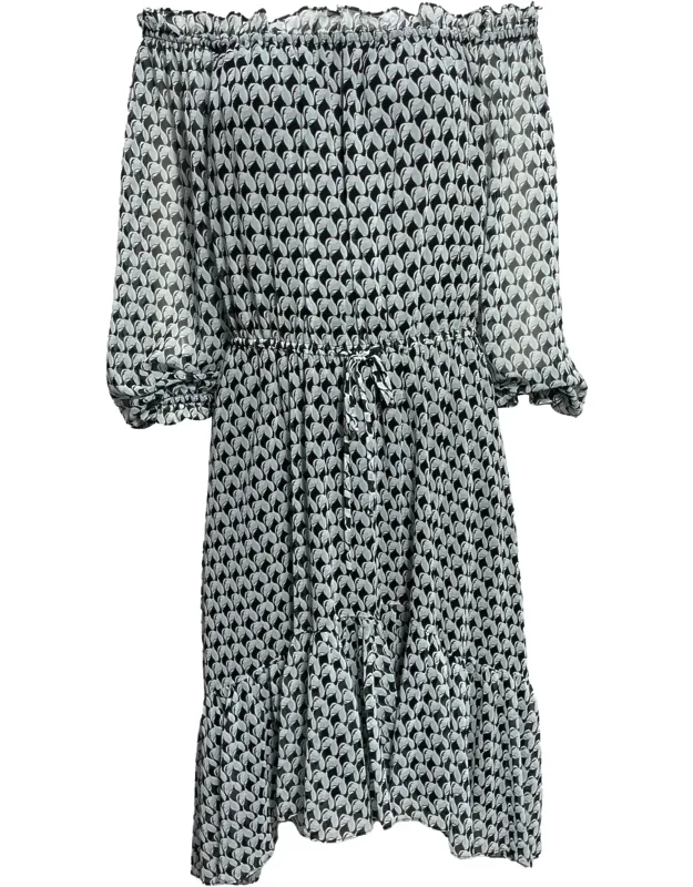 Printed Knee Length Dress In Silk With Off-shoulder Neckline And Intricate Print