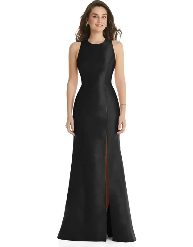 Jewel Neck Bowed Open-back Trumpet Dress With Front Slit
