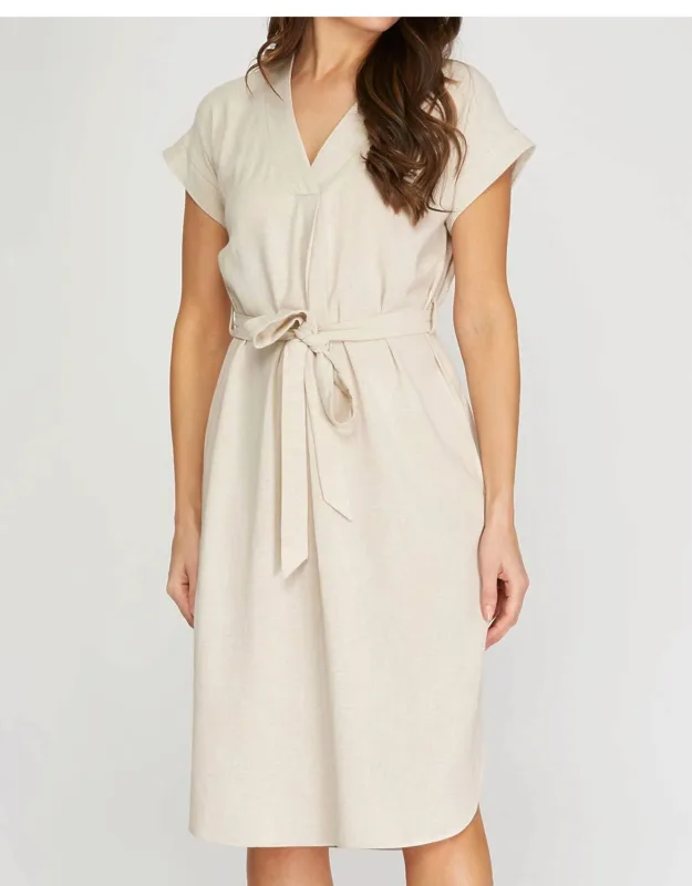 Drop Short Sleeve Waist Tie Linen Dress