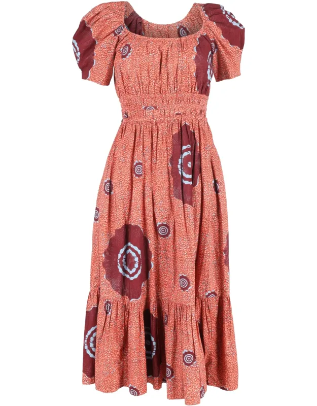Printed Puffed-sleeve Midi Dress