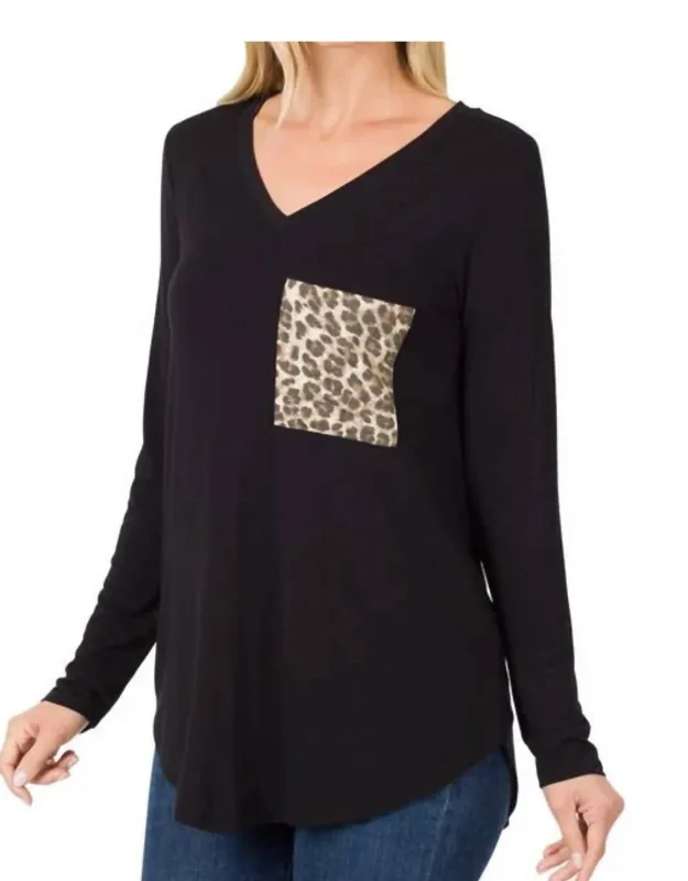 Leopard Pocket V-neck Long Sleeve Top