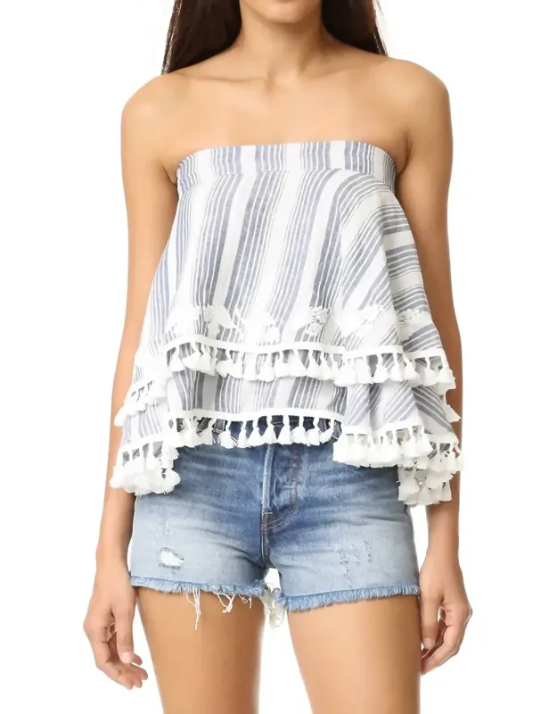 Amaris Tassel Trim Embroidered Floral Strapless Top