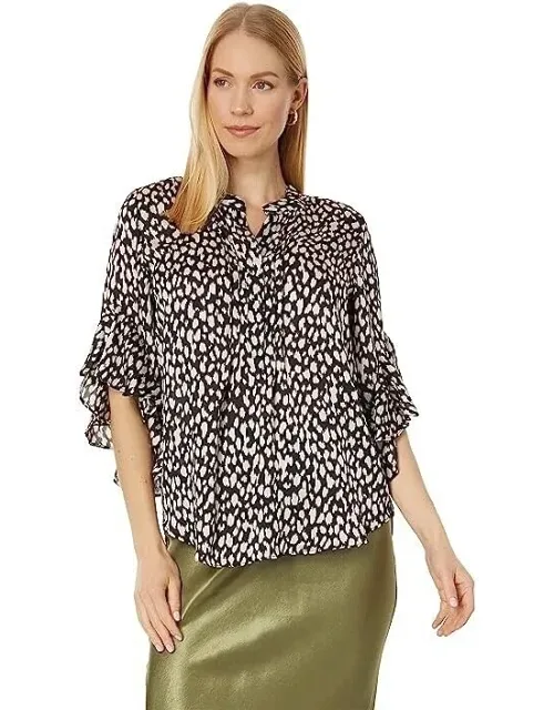 Top With Pin Tuck Ruffle Sleeves And Animal Print