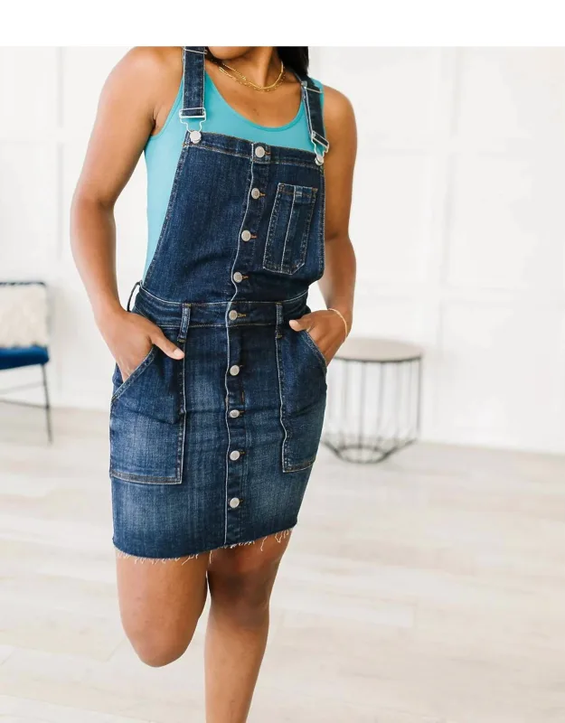 Agnes Denim Overall Dress With Button Front Closure And 4-way Stretch