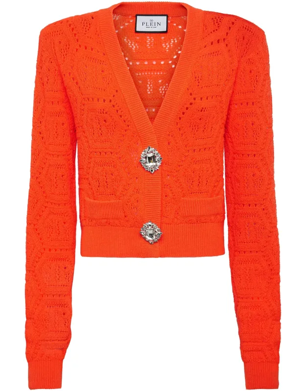 Fluo Knit Cardigan With Knit Cotton Blend And Jewel Brooches