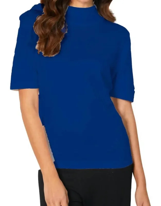 Short Sleeve Mock Neck Top With Cotton/acrylic Blend And Mock Neck Detail