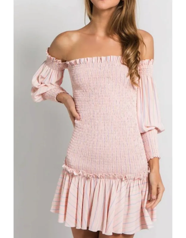 Stripe Off The Shoulder Shirred Mini Dress