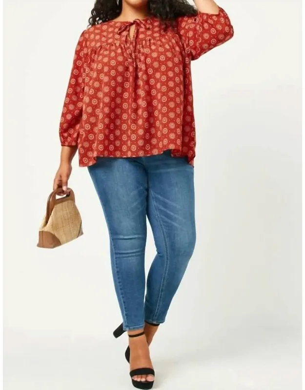Tie Neck Floral Printed Peasant Top