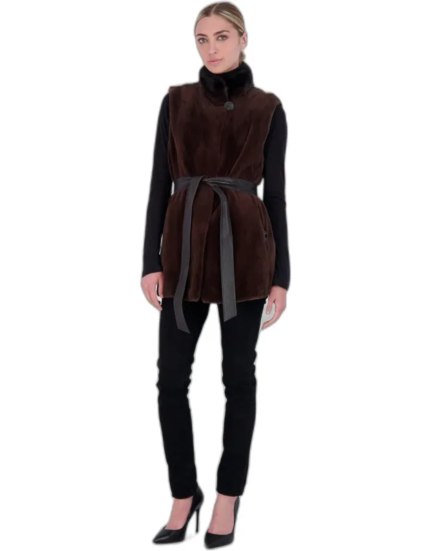 Sheared Mink Vest With Short Nap Mink Collar, Reversible To Taffeta, Leather Belt