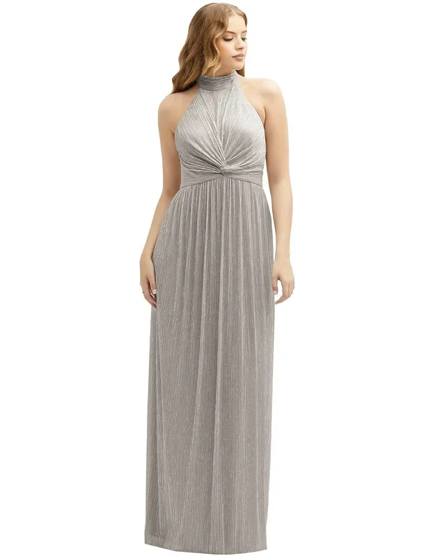 Band Collar Halter Open-back Pleated Maxi Dress With Twist Knot Waist And Open Back