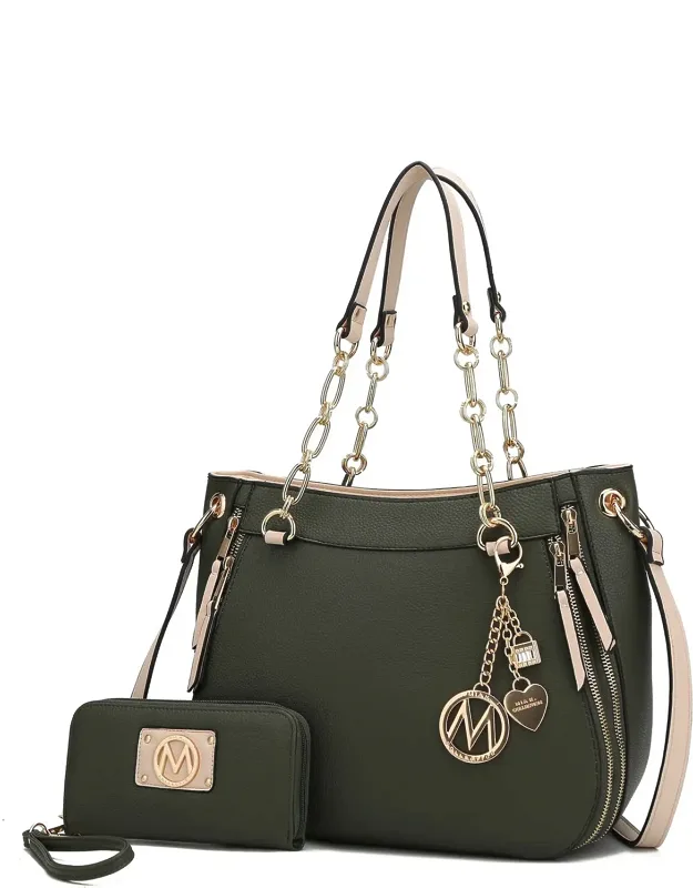 Lina Shoulder Bag & Wallet Set With Zip-top Closure And Decorative Keychain